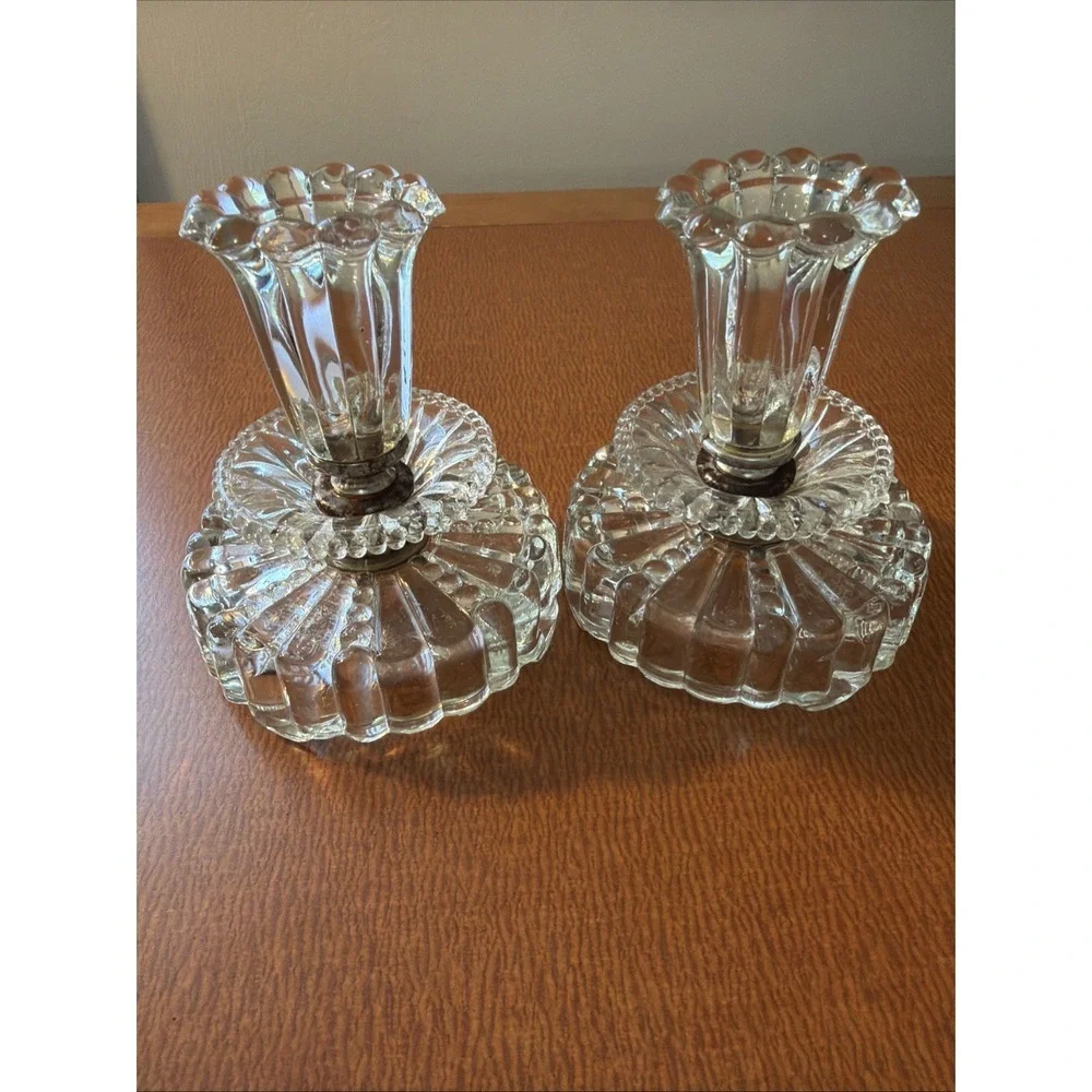 Vtg 1950's Art Deco Cut Glass Pair Of Candlestick Holders 4